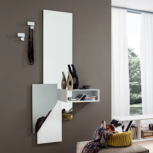 Home 7 Mobile da ingresso moderno sospeso Lego 601 in finitura Bianco Opaco con specchiera e appendiabiti.